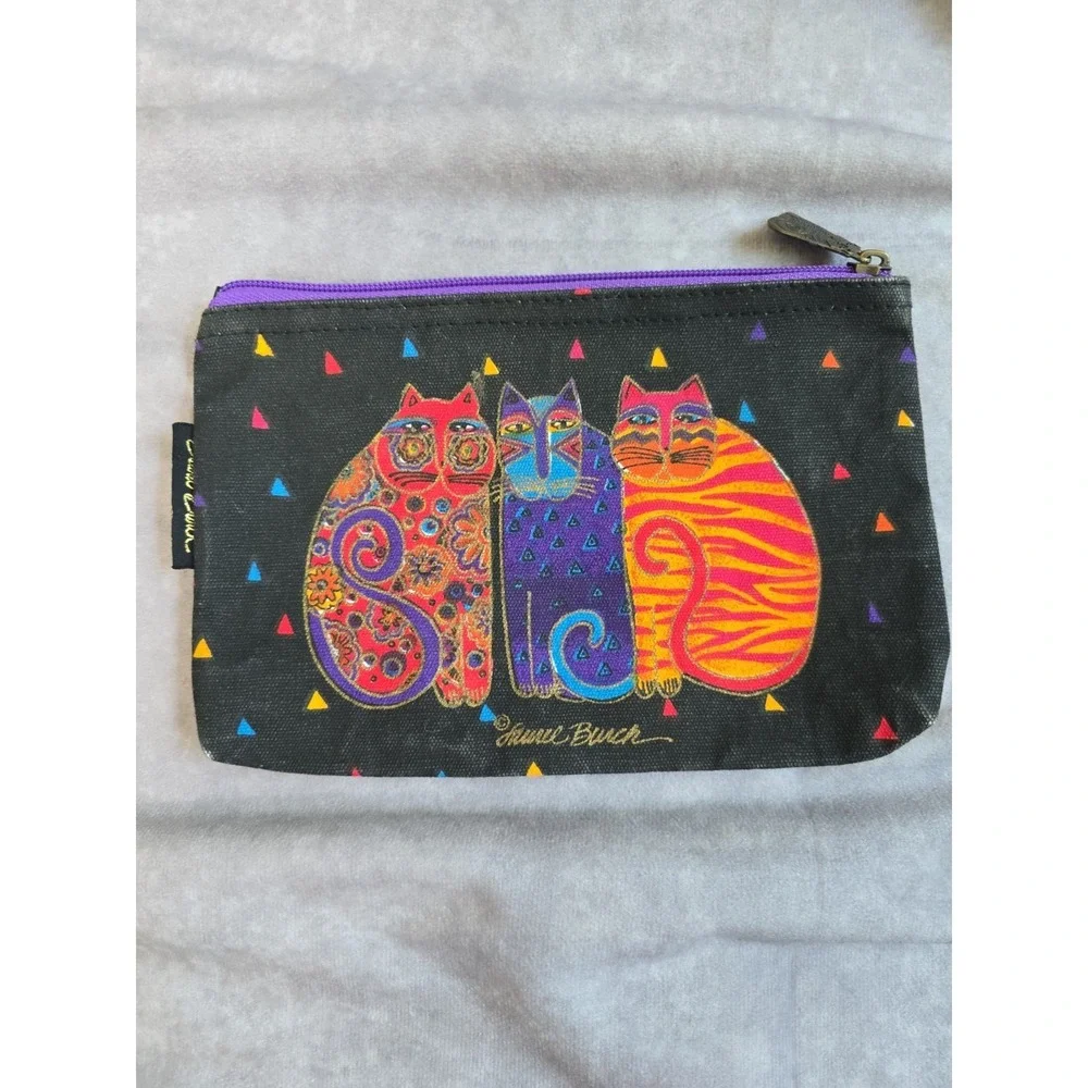 Laurel Burch Colorful Painted Cats On Black Canvas Cosmetic Bag Orange Kitty